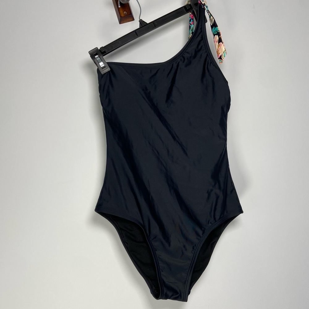 Kona Sol Black One Shoulder Tie Swimsuit One Piece Medium Coverage Size S